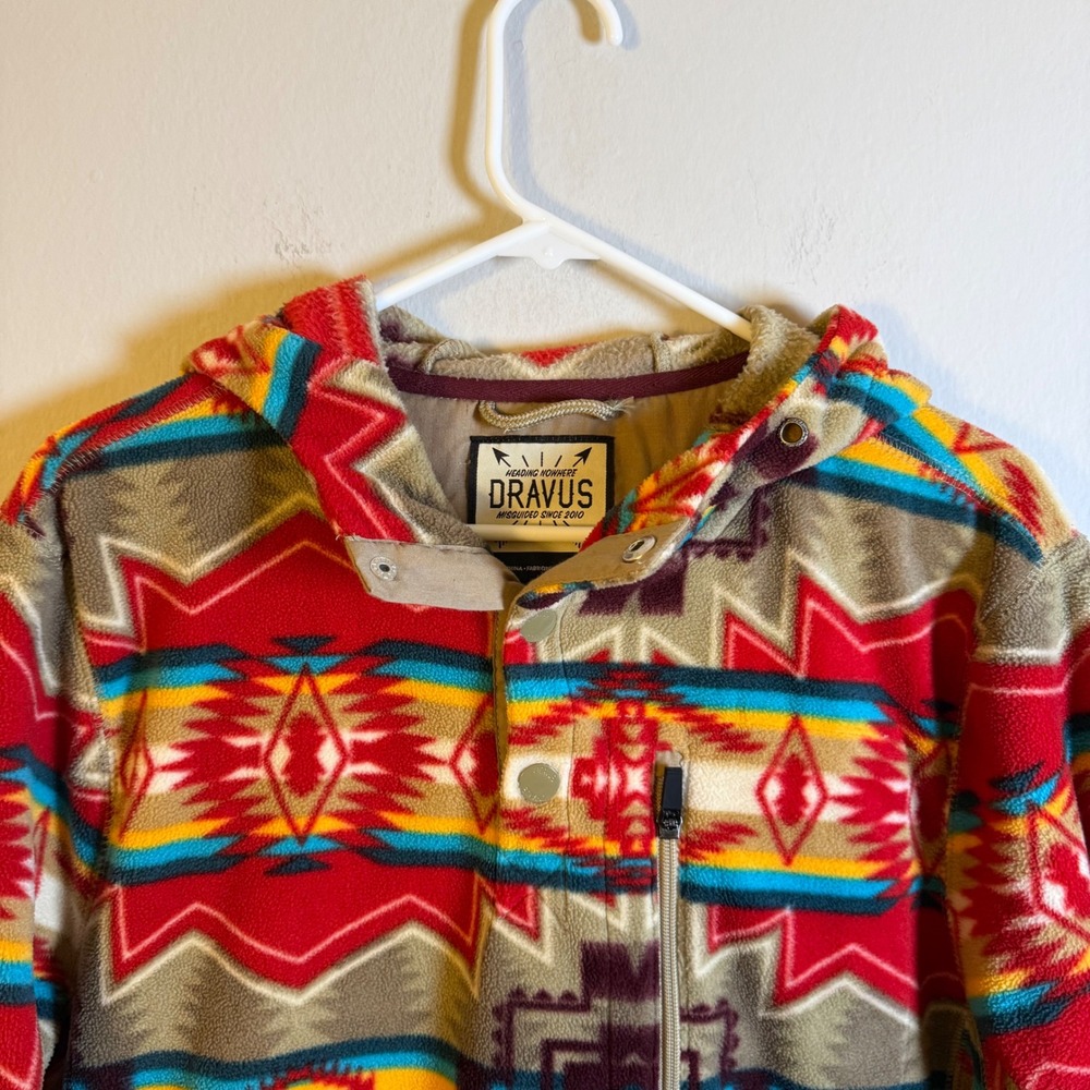 Dravus Mens Southwestern Fleece Hoodie Red Blue Geometric Snap Pullover Large